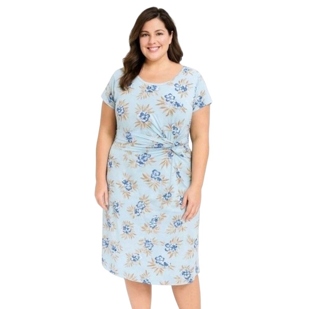 LANDS' END Floral Sz 2X 20-22W Front Twist Pocket Dress Blue Jersey Knit Pocket